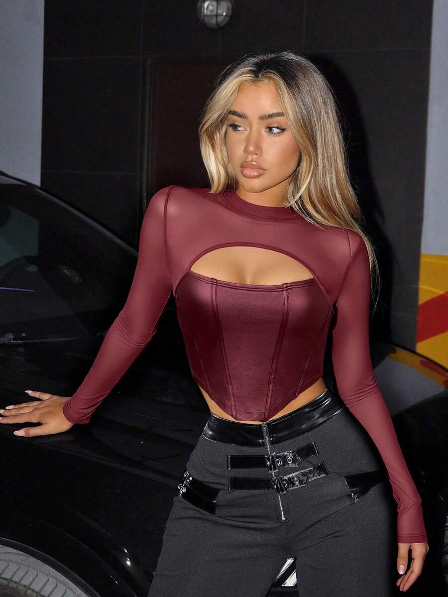 SHEIN ICON Black PU Mesh Cut Out Front Asymmetrical Hem Crop Tee Sexy Clothes