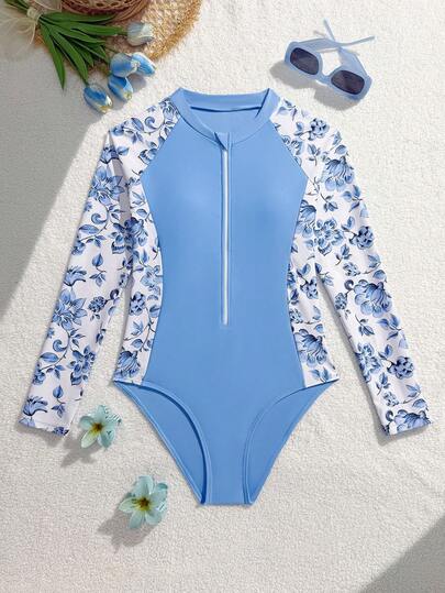 SHEIN 1 bộ áo tắm liền thân dài tay in họa tiết cho bé gái, thích hợp cho spa, khu nghỉ dưỡng, bãi biển.