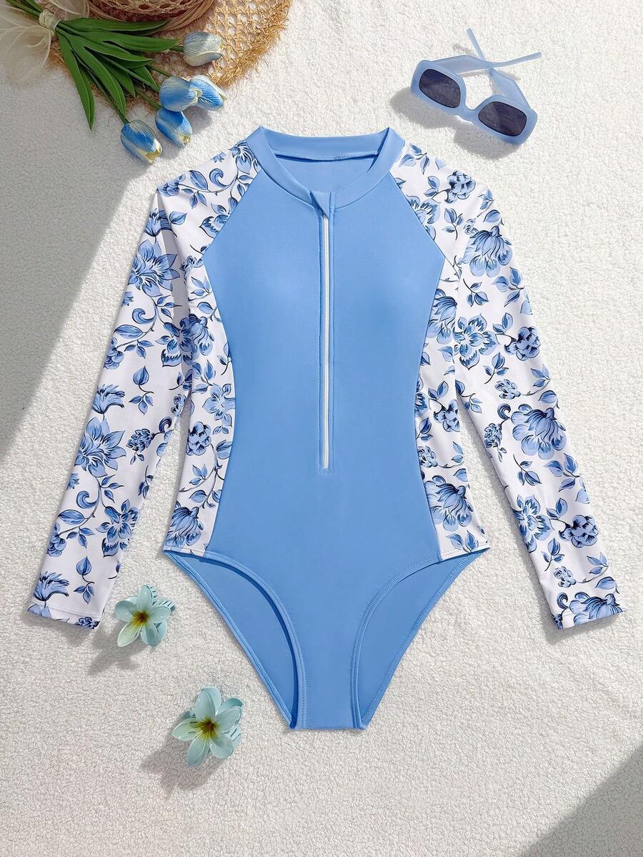 SHEIN Baju Renang Terusan Lengan Panjang dengan Resleting untuk Anak Perempuan, Motif Bunga Biru Muda, Pakaian Renang Pelindung Matahari untuk Musim Panas, Olahraga Pantai dan Olahraga Air