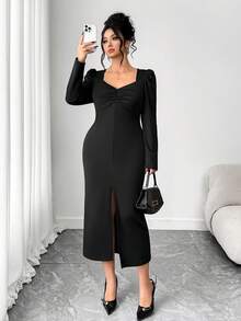Elenzga Plus Size Women's Elegant Solid Color Square Neck Puff Sleeve Ruched Waist Split Hem Bodycon Dress, Suitable For Business, Date, Party, Afternoon Tea, Holiday, Christmas, Valentine's Day, Autumn/Winter - Black - View 3