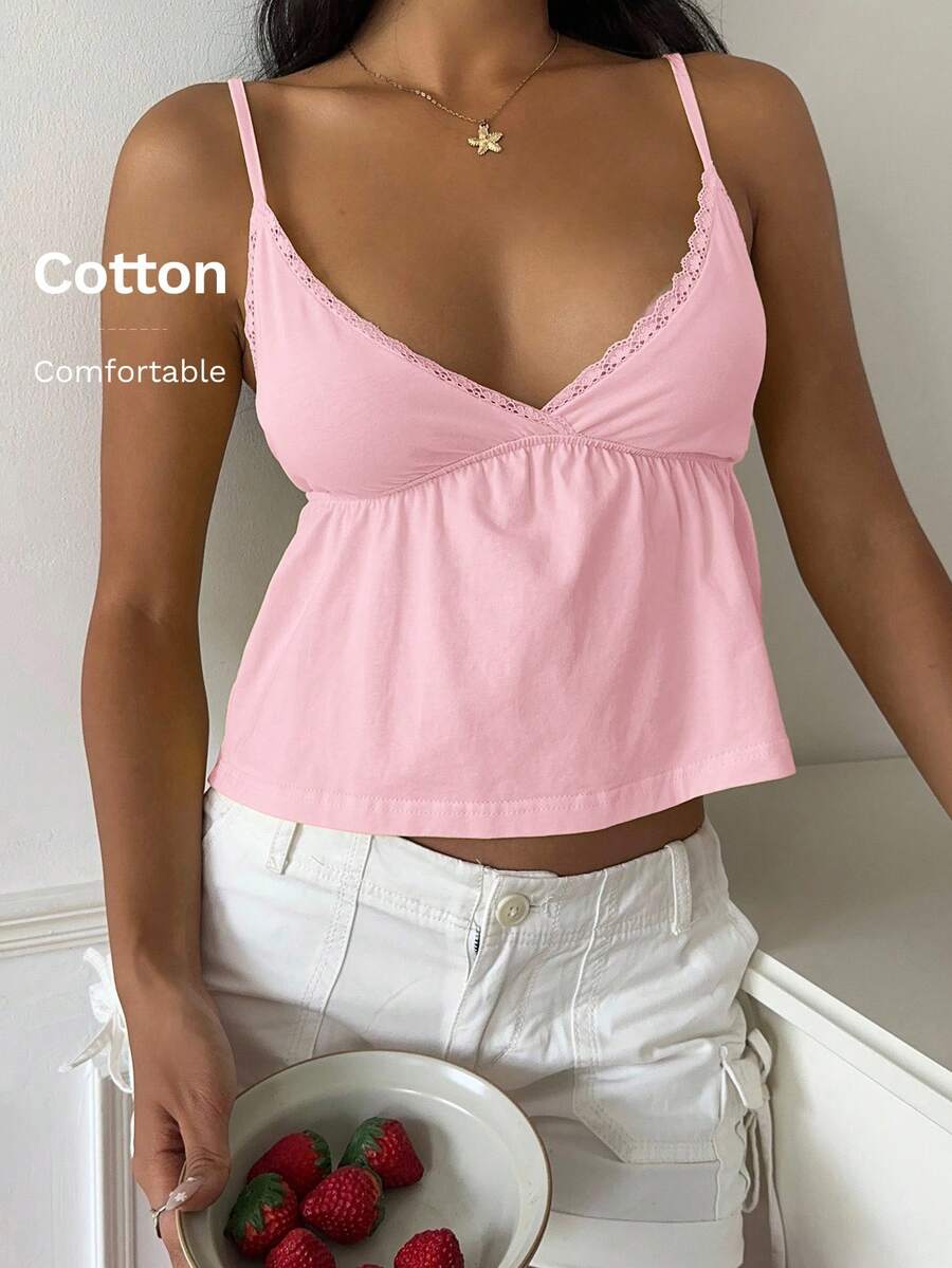 CovetEZ 女士黄色休闲蕾丝吊带背心 - 粉色 - 查看 1