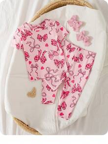 SHEIN 2pcs Baby Girl Casual Cute Bow Knit Short Sleeve T-Shirt And Elastic Waist Pants Set