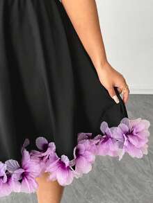 Elenzga 大码女式优雅圆领短袖碎花迷你连衣裙，休闲日常穿着 - 黑色 - 查看 8