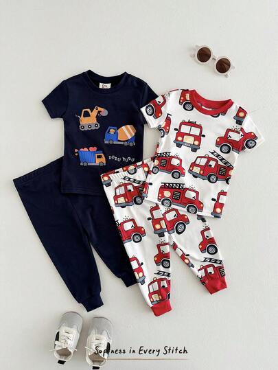 Cozy Pixies 4pcs Baby Boy Snug Fit Pajama Set, Cartoon Car Print Soft Knit Crew Neck Short Sleeve Top And Elastic Waist Long Pants Toddler Car Clothes 2pcs Newborn Baby Boy Car Print Romper Baby Boy Fire Truck Clothing Boy Toddler Sets