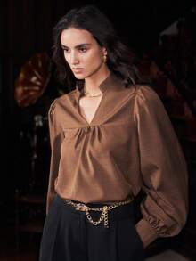 Uhlyne Uhlyne Women's V-Neck Lantern Sleeve Loose Blouse, Spring/Autumn - Brown - View 4