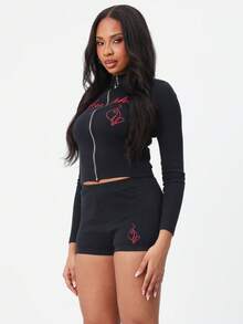 BABYPHAT High Neck Zip Up Ribbed Knit Top Long Sleeve Fitted Cropped Jacket Script Print Fall Winter Casual Streetwear - Black - View 5