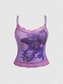 ROMWE Áo hai dây và áo tank top cỡ lớn Fairycore họa tiết bướm đính đá paisley viền ren, áo hai dây cỡ lớn dành cho nữ, áo hai dây màu tím oải hương lãng mạn cổ điển thanh lịch dành cho nữ. - Màu tím - Xem 1