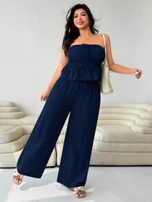 Solflare Bộ đồ 2 mảnh dành cho nữ cỡ lớn, áo hai dây bằng vải cotton lanh màu xanh navy, thích hợp cho kỳ nghỉ. - Màu xanh hải quân - Xem 4