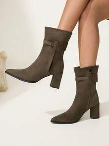 CUCCOO CHICEST 女士时尚百搭通勤粗跟中筒靴 - 軍綠色 - 查看 7