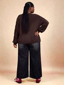 CurvyTilda 大码女式棕色蝴蝶结领开衫针织毛衣，休闲通勤装，舒适，秋冬棕色系带前毛衣蝴蝶结女式毛衣棕色毛衣棕色开衫蝴蝶结毛衣秋季 - 棕色 - 查看 2