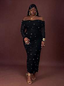 CurvyTilda Váy maxi dài dự tiệc lãng mạn hở vai đính ngọc trai thanh lịch cỡ lớn cho nữ, ngày lễ tình nhân - màu đen - Xem 4