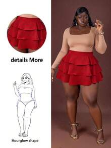 CurvyTilda 大码女式纯色荷叶边半身裙，休闲日常穿着，适合沙漏型身材，夏季必备 - 紅色 - 查看 8