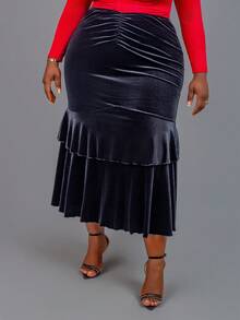 CurvyTilda Falda de cola de sirena con volantes negra de estilo retro para tallas grandes - Negro - Ver 3