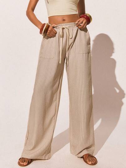 Poéselle Women's Beige Striped Blend Wide-Leg Drawstring Pants – High-Waist Relaxed Palazzo Trousers For Beach, Travel & Everyday Comfort Striped Pants Wide Leg Lounge Pants Beach Palazzo Trousers Coastal Cowgirl Style High Waist Drawstring Pants Relaxed Summer Pants Casual Striped Drawstring Waist Pants Summer Outfits Beach Pants
