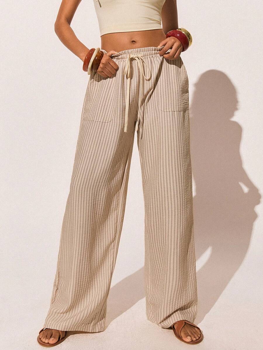 Poéselle 女士休闲条纹抽绳腰裤 - 灰色 - 查看 1