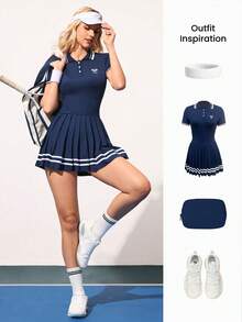 Gameset SHEIN Sport 女士字母球拍印花 Polo 领褶裥下摆运动连衣裙套装 - 藏蓝色 - 查看 5