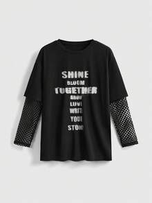 ROMWE Gothic Academy Cat Print Mesh Patchwork Loose T-Shirt For Women, Back To School Season - Black - View 1
