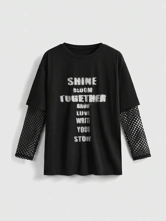 Goth Camiseta holgada con estampado de gato y parches de malla, estilo gótico académico, para la temporada de vuelta al colegio