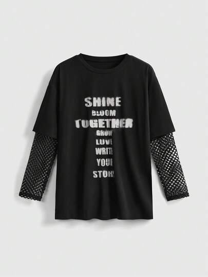 ROMWE Gothic Academy Cat Print Mesh Patchwork Loose T-Shirt For Women, Back To School Season