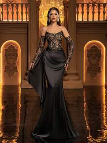 Glamrae Đầm dạ hội sang trọng, lãng mạn kiểu Pháp với chất liệu ren tương phản, hở vai, cổ thuyền, thích hợp cho ngày Valentine. - màu đen - Xem 6