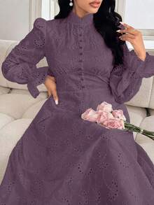 Modelyn Plus Size Women French Style Mandarin Collar Embroidered Puff Sleeve Dress Fall - Purple - View 3