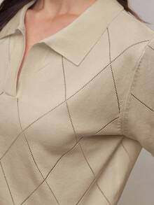 BizChic Women's Polo Collar Diamond Knit Long Sleeve Pullover Sweater, Urban Commute Business Casual Blouse, Elegant Party Outfit, Suitable For Office, Dating, Summer