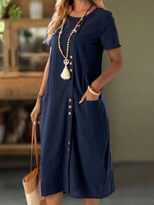 EMERY ROSE Vacation Casual Solid Color Front Button Dual Pocket Dress - Blue - View 6