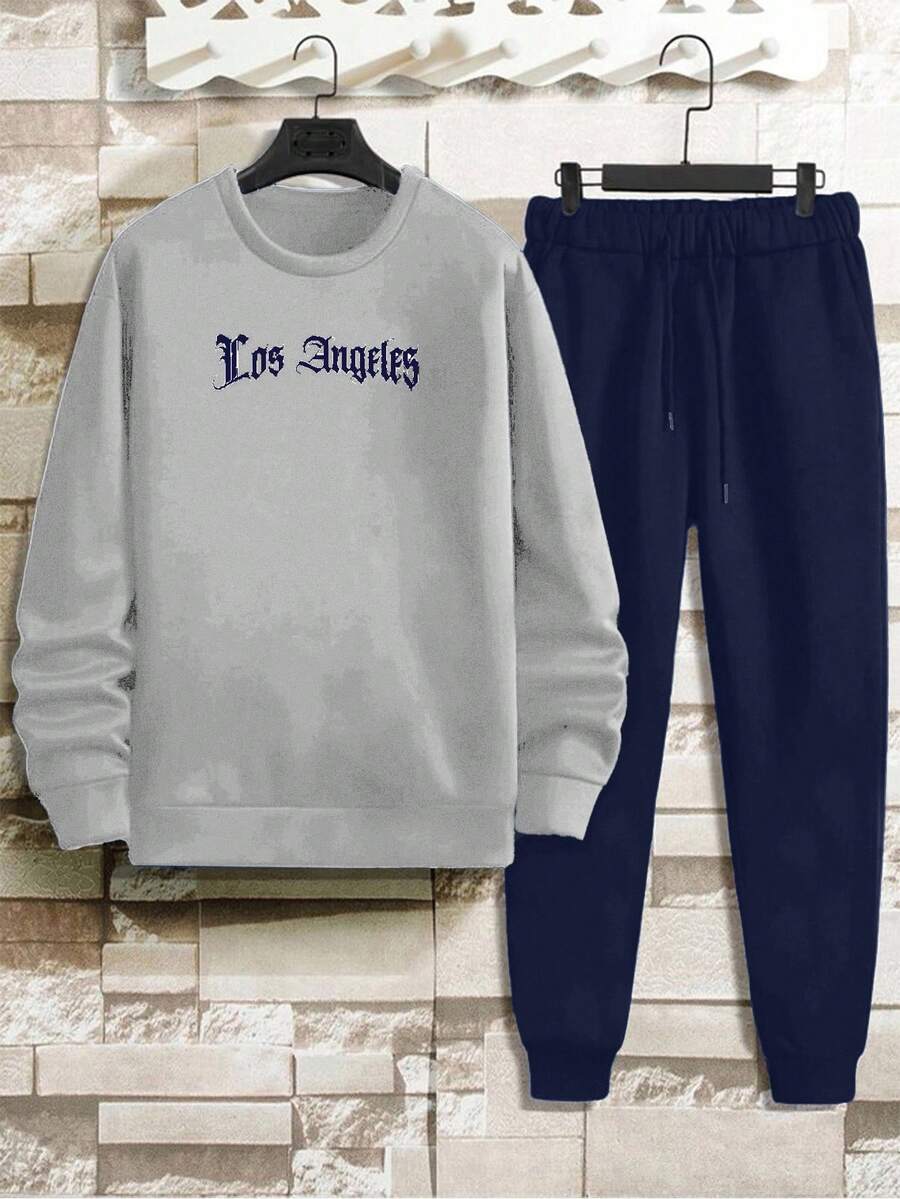 Cotton 2pcs/Set Men's Letter Printed Hoodie And Sweatpants Set - Grey - View 1