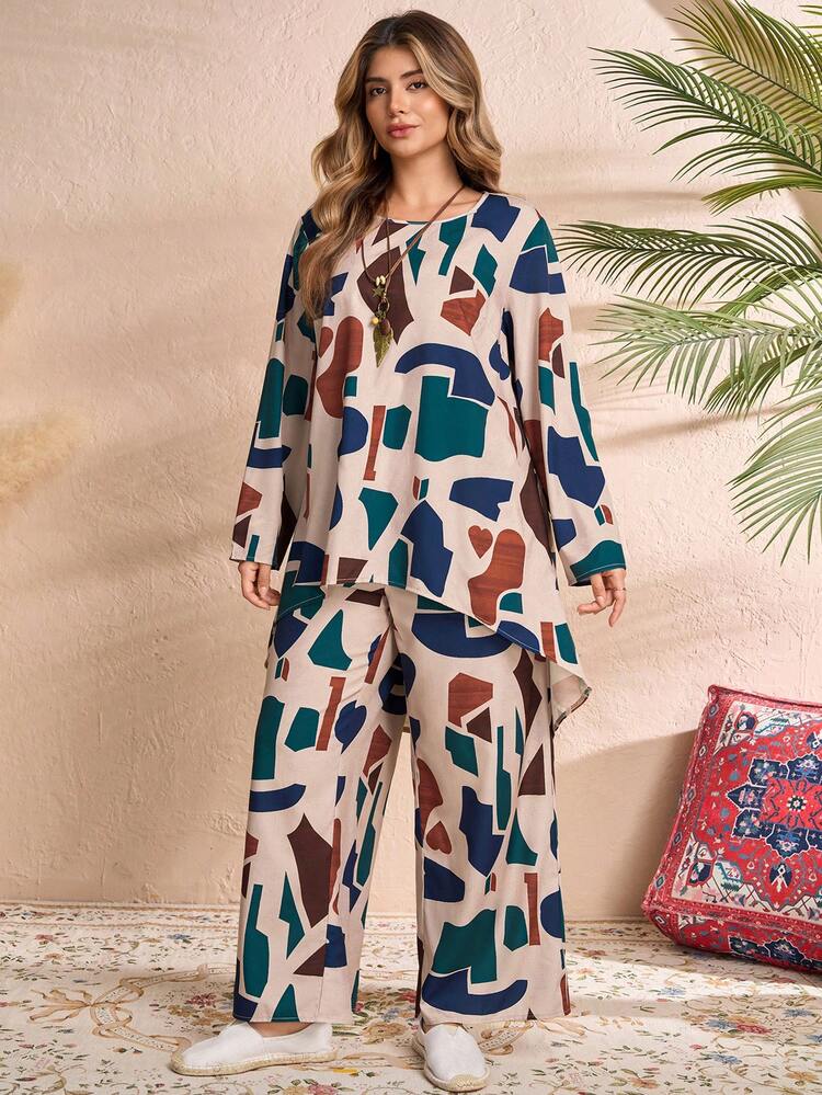 2pcs Plus Size Women Winter /Fall  Casual Winter Casual Vacation Country Geometric Print Round Neck Long Sleeve Asymmetric Hem Shorter In Front And Longer In Back Blouse Shirt Top And Pants, Casual, Winter Set,Autumn/Winter,Going Out Outfits,2025 New Clothes,Simple And Fashionable For Everyday Wear, Plus Size Winter Clothes,Christmas Outfit For Women ,New Year Clothes,Thanksgiving Outfit For Women