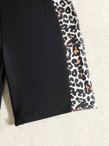 SHEIN Tween Girls Leisure Vacation Swim Summer Beach Black Patchwork Leopard Print Zipper One Piece Swimsuit, Summer Beach