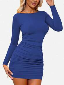 INAWLY Women's Solid Color Long Sleeve Pleated Slim Fit Mini Dress - Blue - View 3