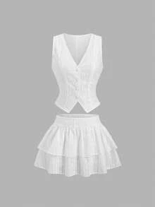 Sweetra Romantic Sweet Vacation & Party V-Neck Sleeveless Blazer Vest & Ruched Low Waist Mini Skirt 2 Pieces Set - White - View 1