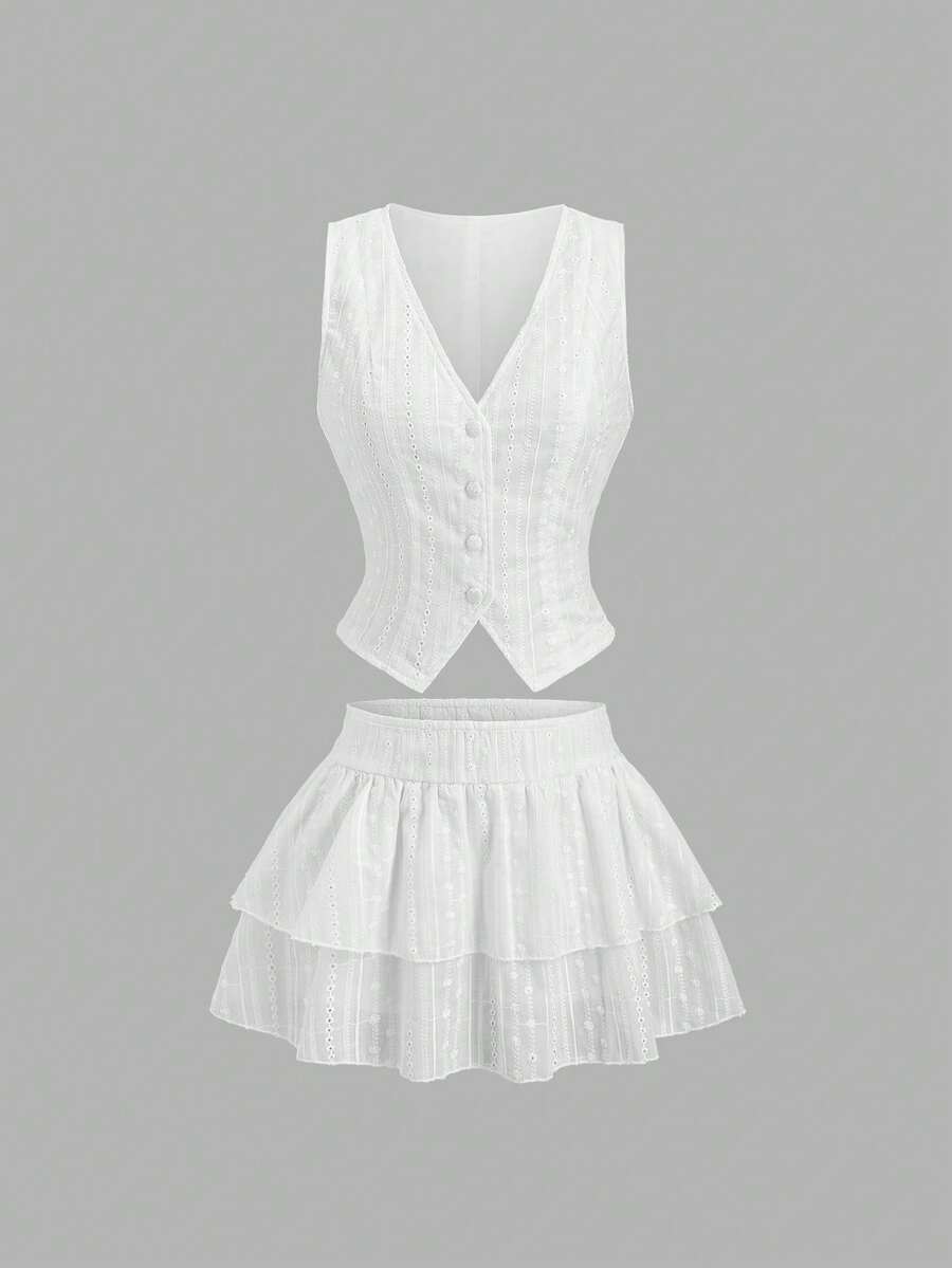 Sweetra Romantic Sweet Vacation & Party V-Neck Sleeveless Blazer Vest & Ruched Low Waist Mini Skirt 2 Pieces Set - White - View 1