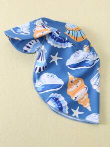 SHEIN Unisex Baby 2pcs/Set Blue Summer Cute Vacation Holiday Shell & Seafood Pattern Long Sleeve Rash Guard Sun Hat Swimsuit Set,Beach Surfing Swimwear - Dusty Blue - View 5