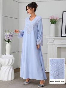 Al Najma 女款純色V領寬鬆刺繡領優雅長袖喇叭裙 - 藍色 - 查看 8