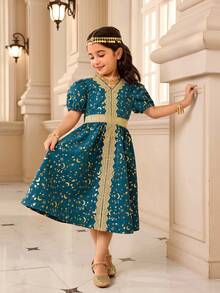 1pc Girls Green Moon & Star Print Floral Trim Princess Style Short Sleeve Mini Dress, Elegant For Daily Wear, School, Party, Photo Shoot, Family Gathering Girls Turquoise Dress Kids Jacquard Dresses Girls Dresses Elegant Teal Toddler Girls Kids Arabic Dress Kids Dresses For Girls Blue - Dark Green - View 4