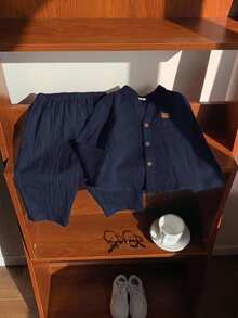 2 Peças Conjunto Básico Casual para Bebê Menino/Menina, Camisa de Manga Longa Branca com Gola Mandarim e Calça de Cintura Elástica, Adequado para Outono, Primavera, Verão, Ideal para Festa de Aniversário, Festa de Ano Novo, Festa da Noite, Apresentação, Casamento, Chá de Bebê, Batizado e Comemoração do 1º Aniversário - Azul Marinho - Visão 7