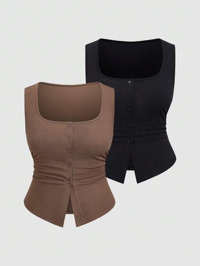 Elenzga Plus Size Black & Brown Fitted Sexy Camisole Top, 2 Pieces Set