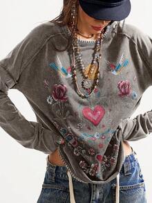 Bohemela Áo thun nữ cổ tròn tay dài dệt kim màu trơn thêu họa tiết thường ngày - Xám - Xem 2