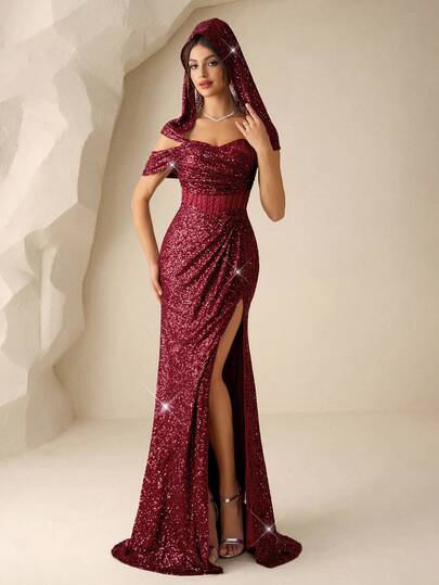 Coutiva Elegant And Sexy Sheer Off-Shoulder Hooded Dress With A High Slit And Mermaid Skirt, This Formal Evening Gown Is Suitable For Wedding Guests, Music Festivals, Graduation Ceremonies, Christmas, And Valentine's Day.