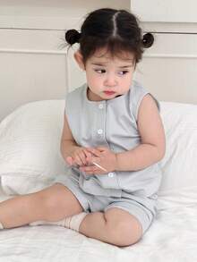 DAZY 女婴条纹无袖上衣和短裤两件套，休闲家居服 - 藍白色 - 查看 2