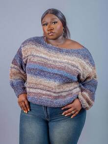 CurvyTilda Plus Size Fall Vintage Floral Print & Striped Casual Asymmetrical Neck Sweater, Autumn/Winter, Fall Sweater For Women, For Hourglass Body Shape - Multicolor - View 3