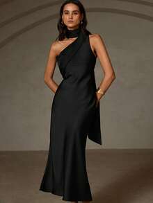 Aveloria Revavyn Elegant Commute & Vacation Asymmetric Satin Dress - Black - View 3