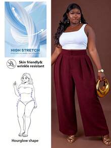 CurvyTilda Trang phục công sở cỡ lớn cho phụ nữ, Quần ống đứng cạp cao màu đen thường ngày, tối giản và hợp thời trang để mặc hàng ngày, Quần áo xuân hè Quần cạp cao Quần rộng cho mùa thu/đông - Màu Đỏ Sâu - Xem 1