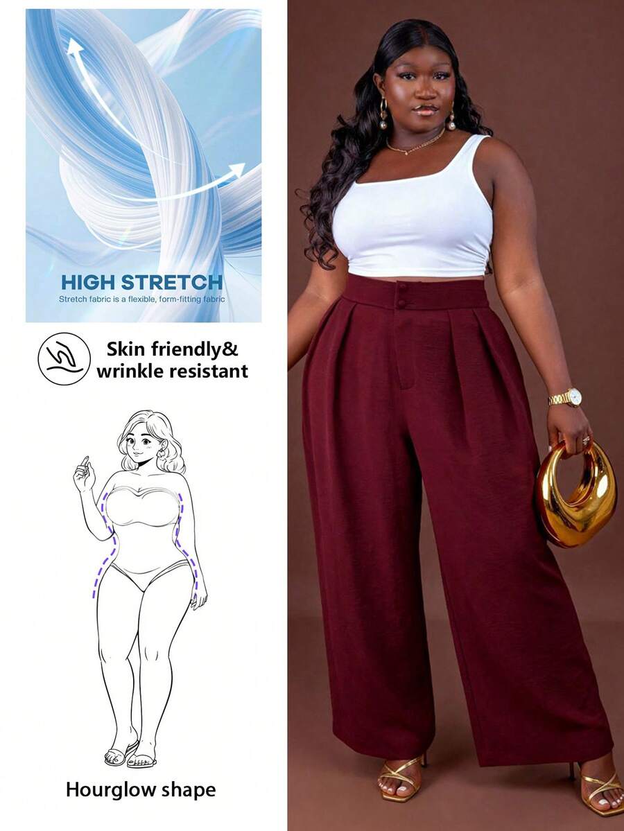 CurvyTilda Trang phục công sở cỡ lớn cho phụ nữ, Quần ống đứng cạp cao màu đen thường ngày, tối giản và hợp thời trang để mặc hàng ngày, Quần áo xuân hè Quần cạp cao Quần rộng cho mùa thu/đông - Màu Đỏ Sâu - Xem 1