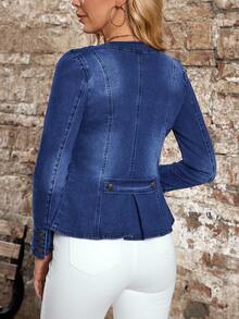 EMERY ROSE Chaqueta vaquera de manga larga con dobladillo de volantes de doble botonadura, versátil y de moda para vacaciones y viajes - Azul - Ver 2