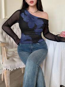 Modelyn Áo thun nữ họa tiết lưới màu đen trơn tương phản, in họa tiết lưới bất đối xứng, nhún bèo cỡ lớn - Xanh đậm - Xem 6