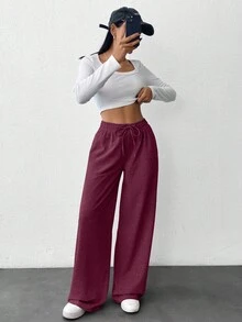 SHEIN Women Solid Color High Waist Straight Pants - Burgundy - View 4