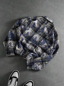 PAVTROS Men's Vintage Checkered Shirt,Navy Blue Streetwear Zip-Front Long Sleeve Boxy Baggy Grunge Distressed Pattern,Autumn,Graduation,Back-To-School Gift - Navy Blue - View 2