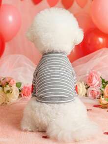 PETSIN 1pc Cat And Dog Clothing, Embroidered Heart-Shaped Valentine's Day Gray And White Striped T-Shirt, Comfortable Pet Clothing For Spring And Autumn - grey strips - View 5